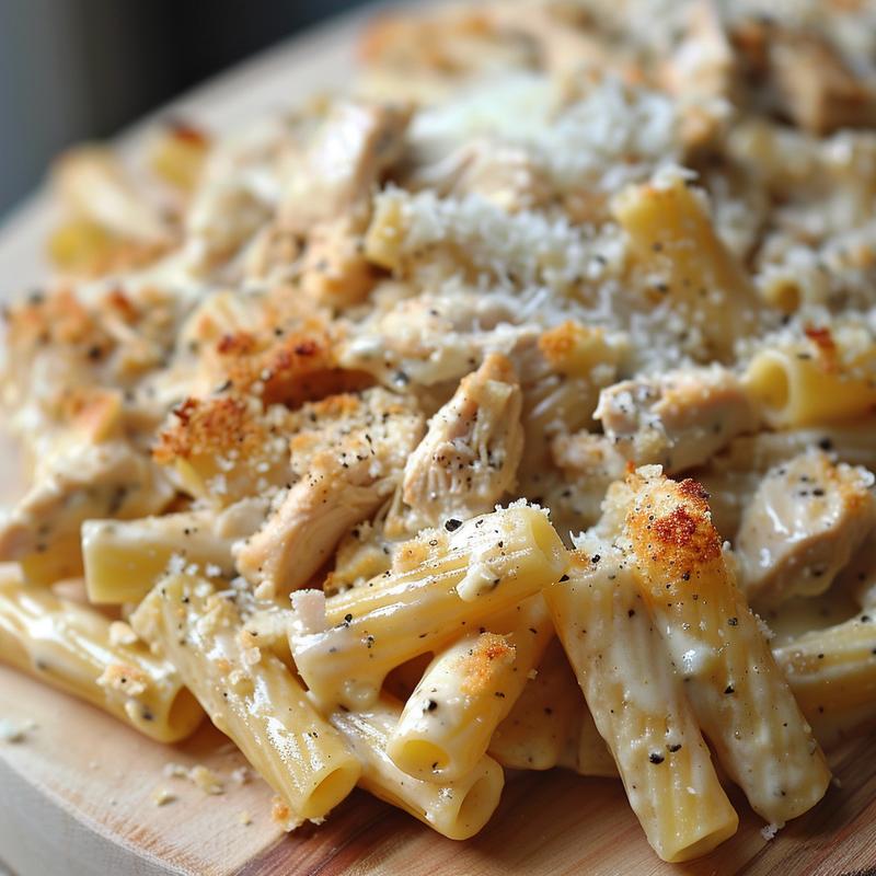 Close-up of creamy chicken Alfredo baked ziti on wood.