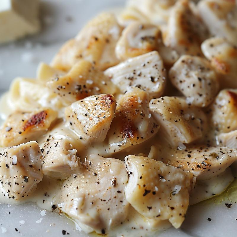 Close-up of creamy keto chicken alfredo with visible chicken pieces on a white marble surface.