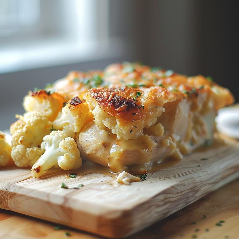 Close-up of a portion of chicken zucchini casserole on a wood board, showcasing its textures.