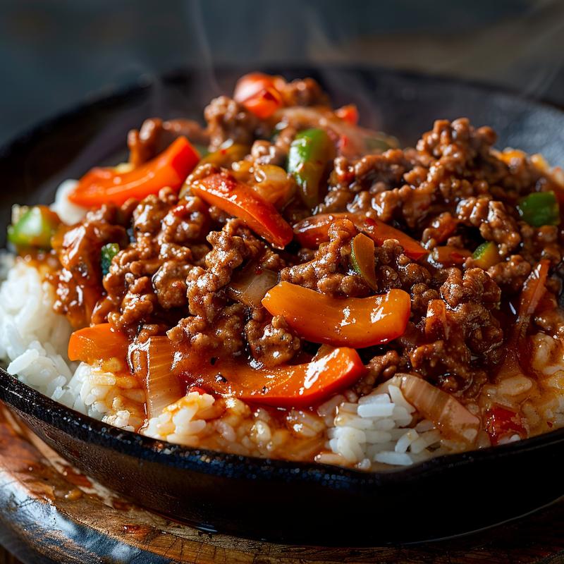 Close-up of a spicy ground beef stir fry bowl with garlic vegetables and steamy rice on a rustic, chipped plate in dramatic lighting.