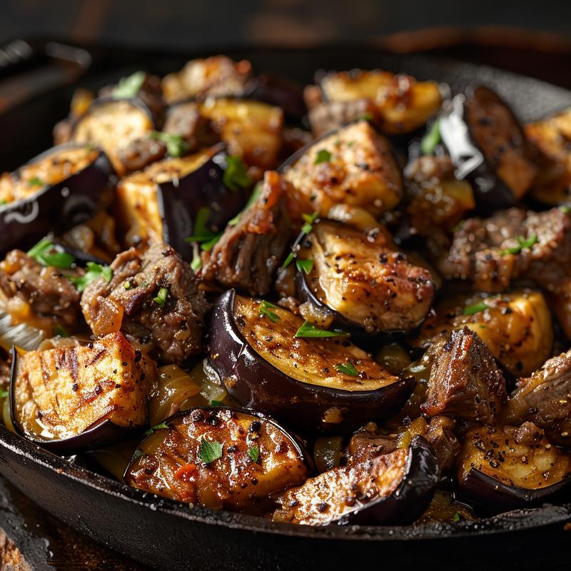 Close-up of a serving of ground beef zucchini casserole on a cast iron surface, highlighting textures and colors.