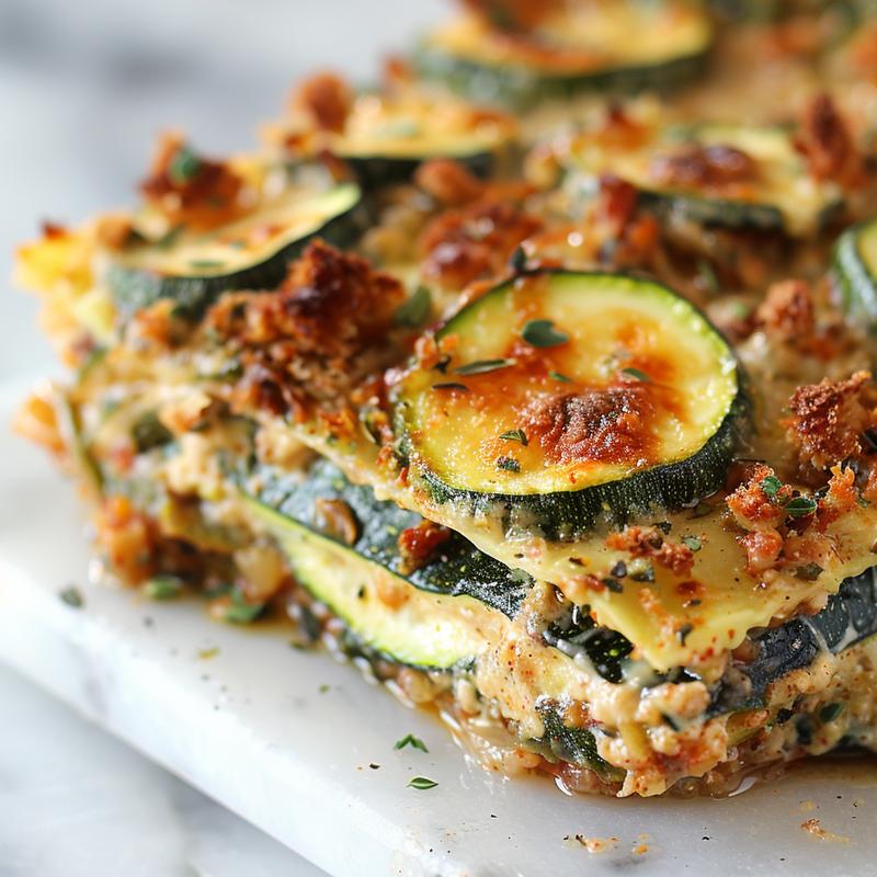 Close-up of a creamy rotisserie chicken zucchini casserole topped with breadcrumbs.