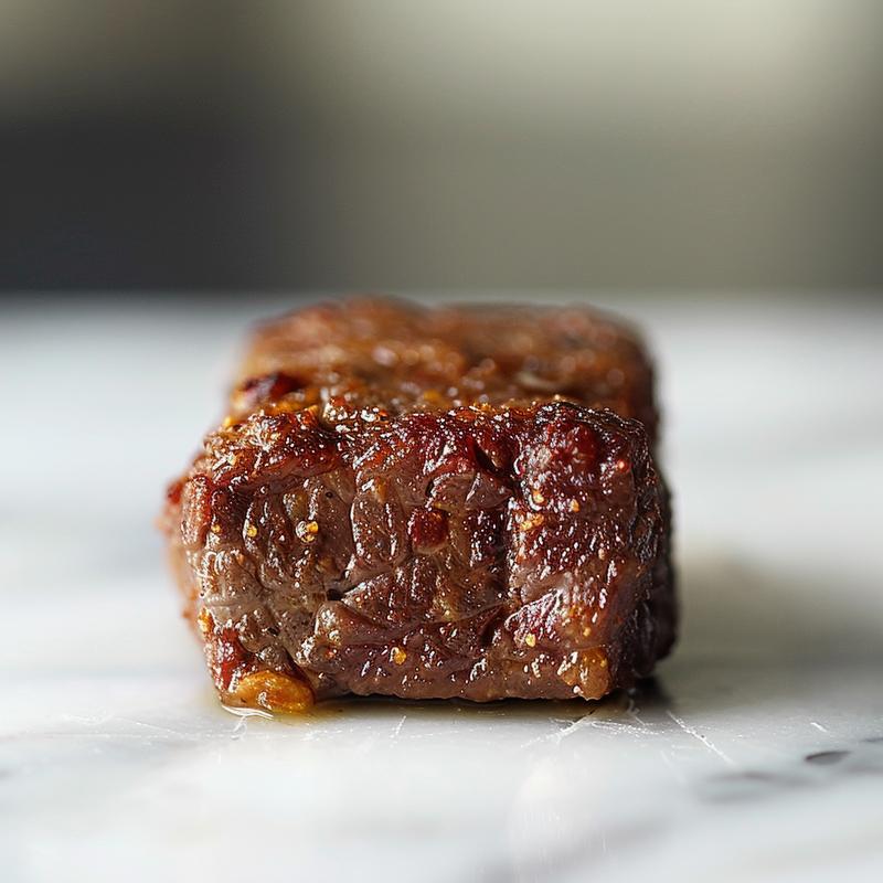 Close-up of a zucchini casserole served on a light grey ceramic plate, showcasing its texture.