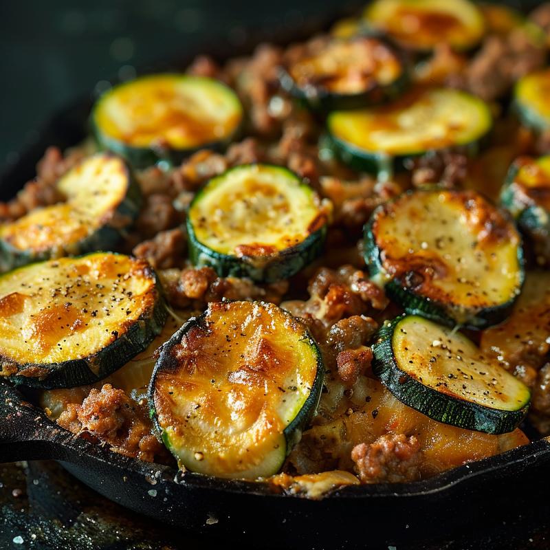 Close-up of a delicious Italian beef and zucchini casserole on a rustic wooden table, illuminated by moody lighting.
