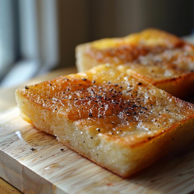 A close-up of a portion of shredded zucchini casserole served on a light wood board.