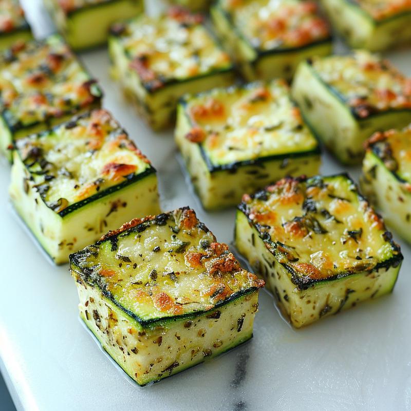 Close-up of a portion of zucchini casserole with stuffing mix on a wooden board.