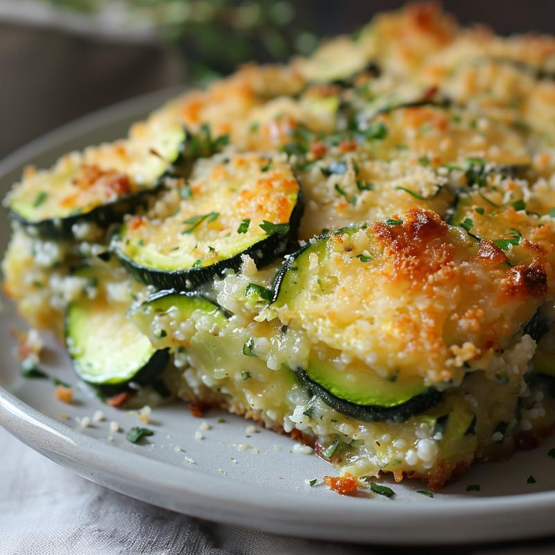 Close-up view of a portion of chicken zucchini bake on a light grey plate.