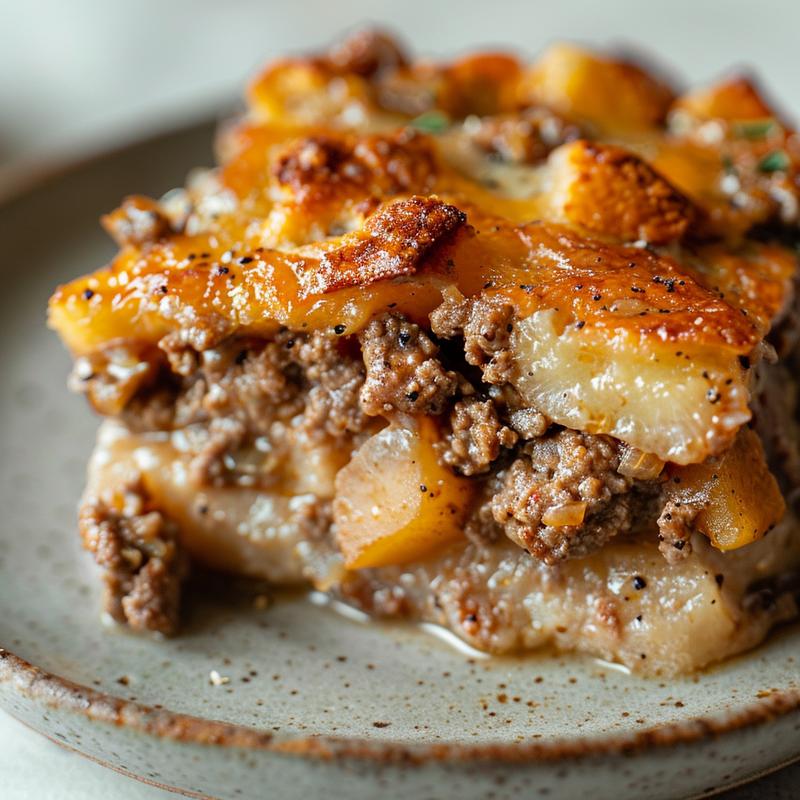 Close-up of a portion of chicken zucchini bake on a light grey plate, showcasing rich textures and colors.