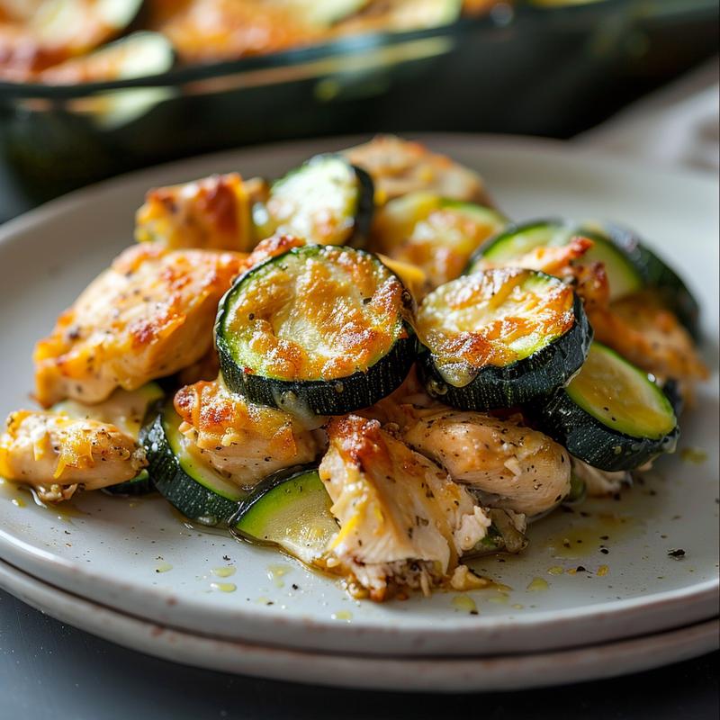 Close-up of a plated chicken zucchini bake on a simple grey plate.