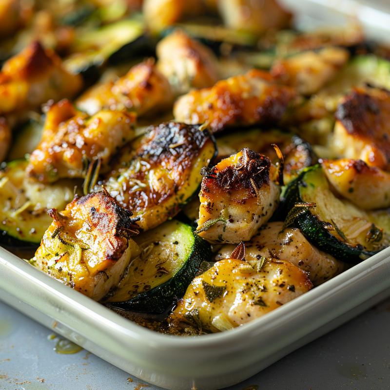 Close-up of a delicious chicken zucchini bake on a wooden board.