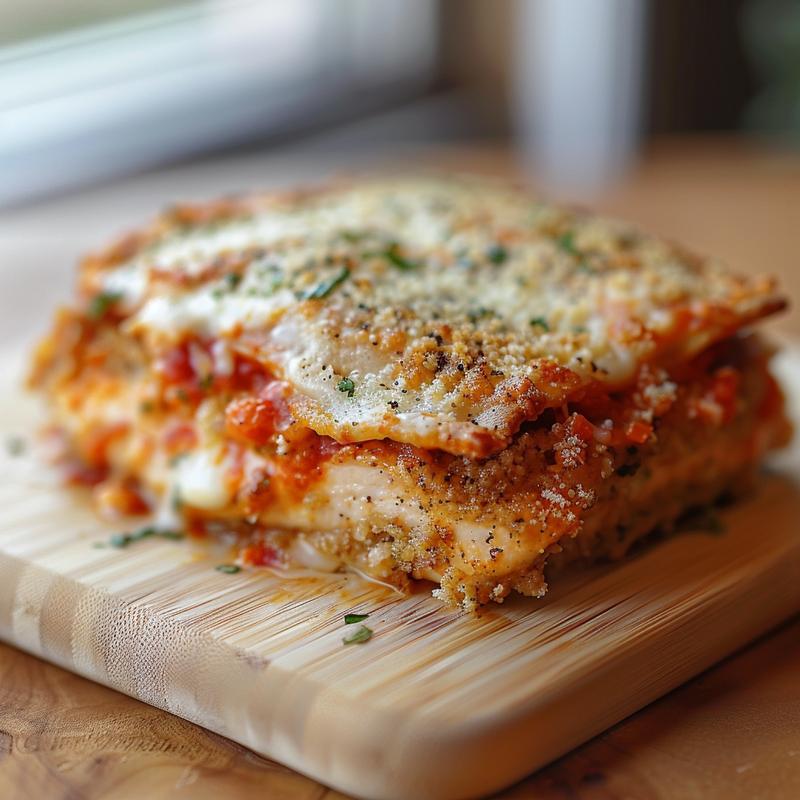 Close-up of a portion of chicken parmesan casserole on a wooden board, showcasing a golden, cheesy topping.