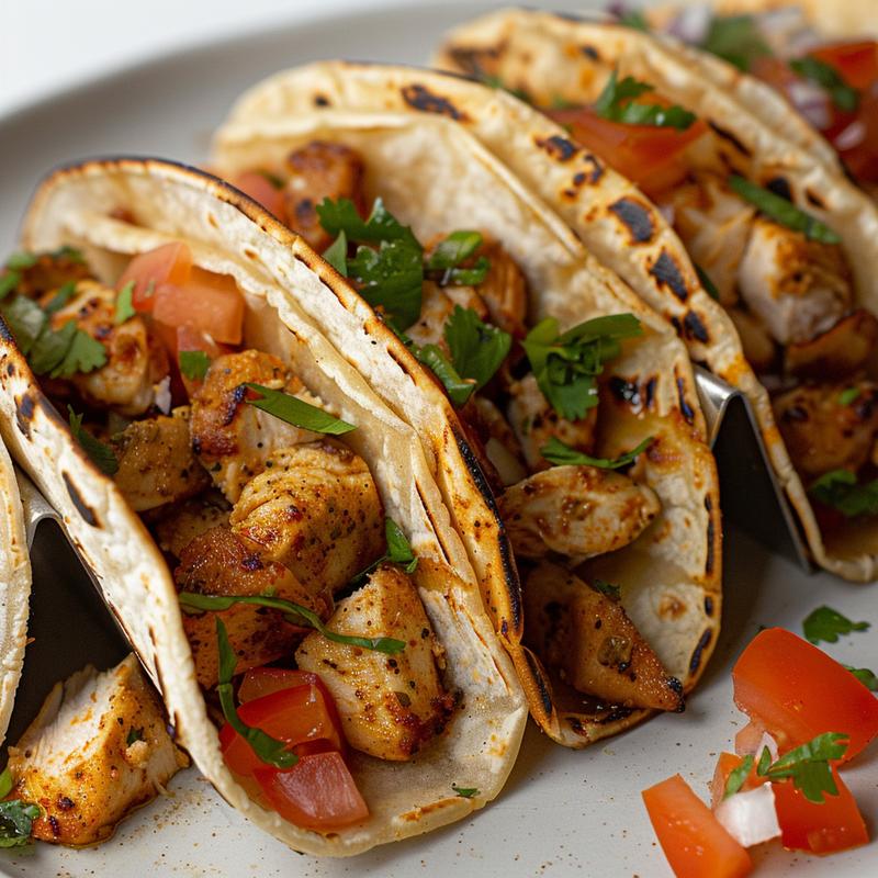 Close-up of a chicken bake on a light wood board with soft shadows.