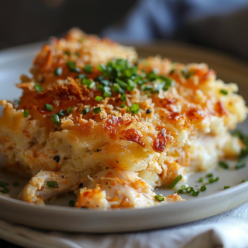 A close-up of a creamy chicken and rice casserole on a light grey plate.