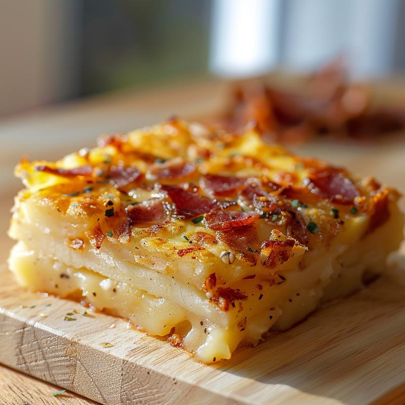 A close-up view of a delicious portion of a casserole dish showcasing 14 healthy Weight Watchers recipes on a natural wood board.