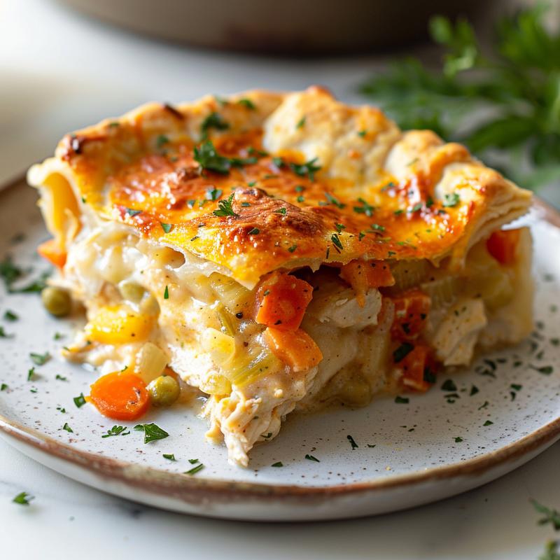 A close-up slice of chicken pot pie on a white marble plate, showcasing flaky crust and filling.