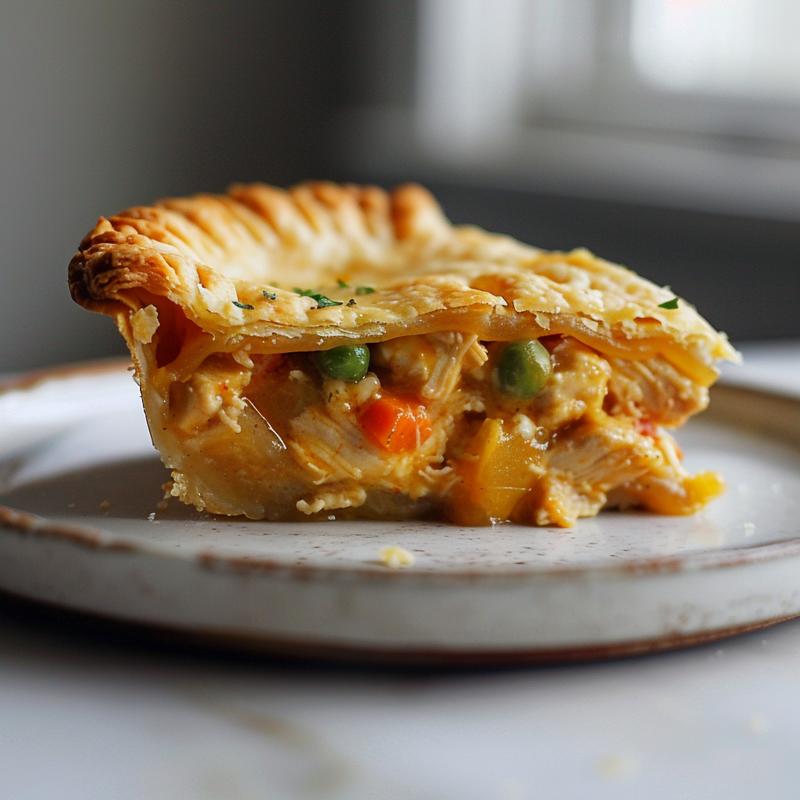 Close-up of a slice of chicken pot pie casserole topped with golden cheddar drop biscuits on a marble plate.