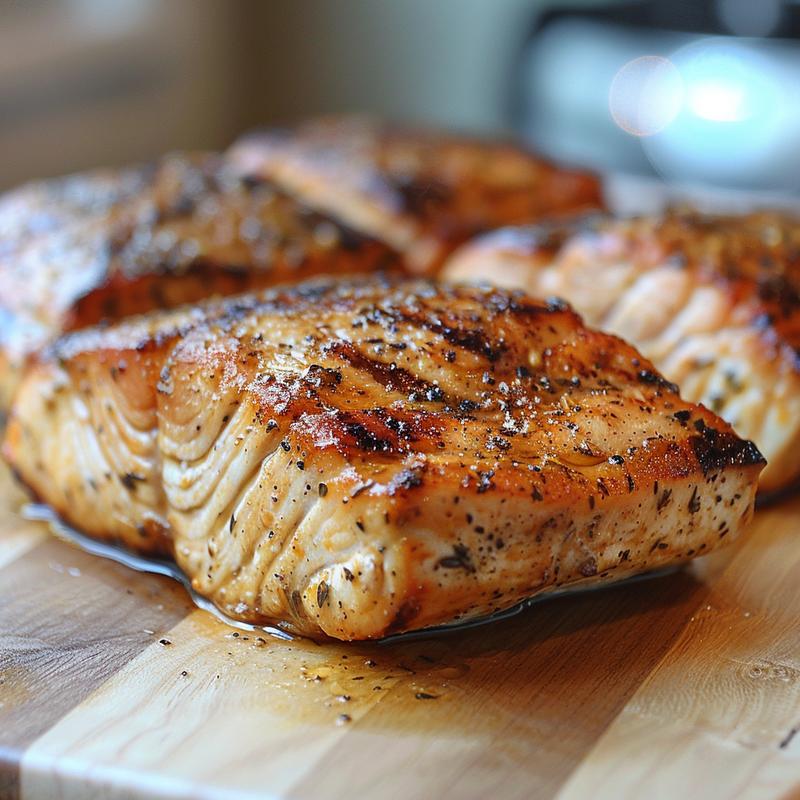 Close-up view of a keto chicken mushroom casserole on a light wood board.
