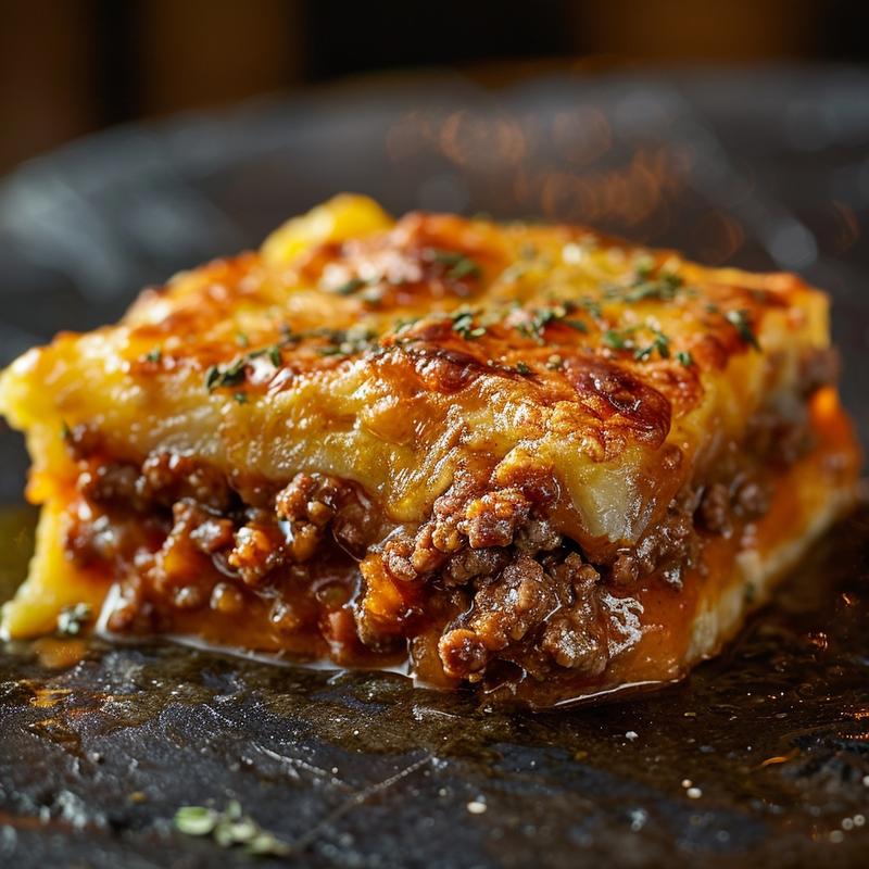 Close-up of a delicious serving of ground beef recipe on a dark countertop.