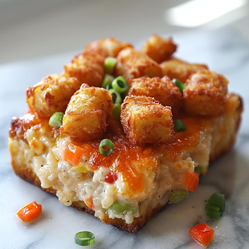 Close-up of gluten-free skillet tater tot casserole with a golden-brown top on a wood board.