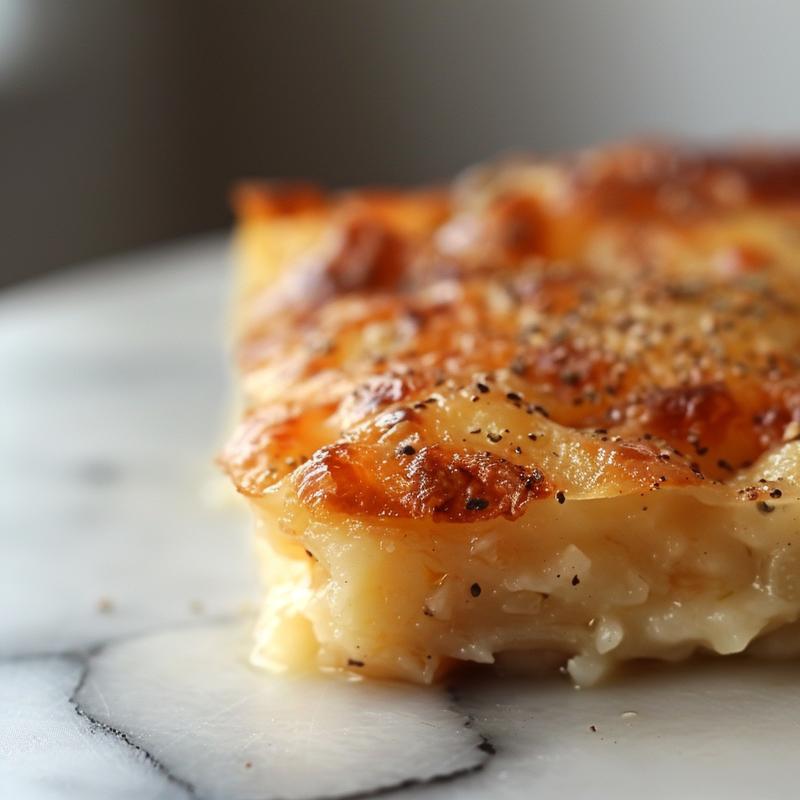 A close-up shot of a vibrant gluten-free casserole portion, showcasing layers of fresh ingredients on a white marble surface.