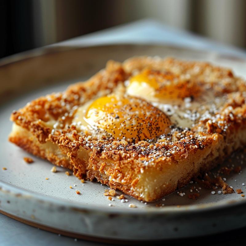 Close-up of a cheesy eggplant casserole on a light grey plate, highlighting its creamy texture.