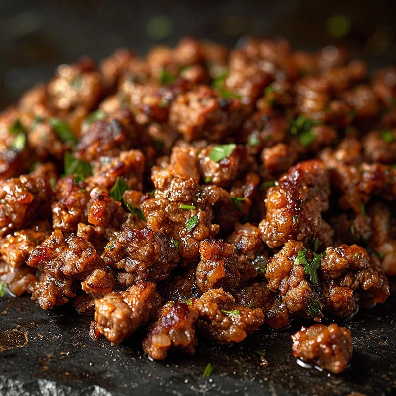 Close-up of a baked eggplant and beef casserole, showcasing rich textures and colors on a dark stone surface.
