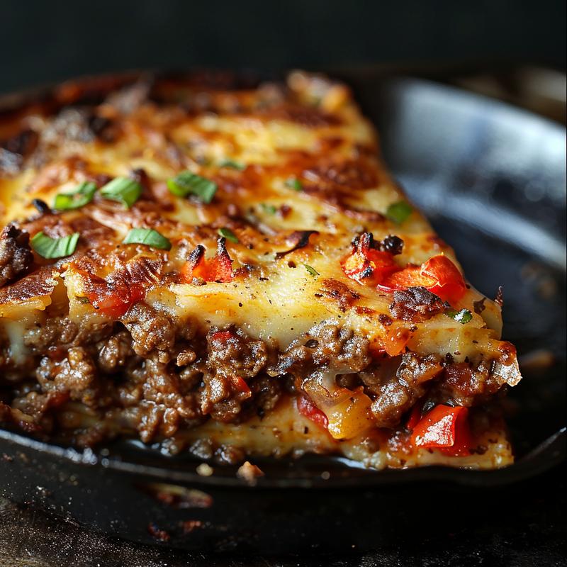 Close-up of a delicious gluten-free ground beef casserole served in a rustic cast iron dish.