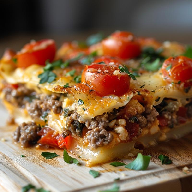 A close-up shot of a portion of baked eggplant casserole atop a light wood board.