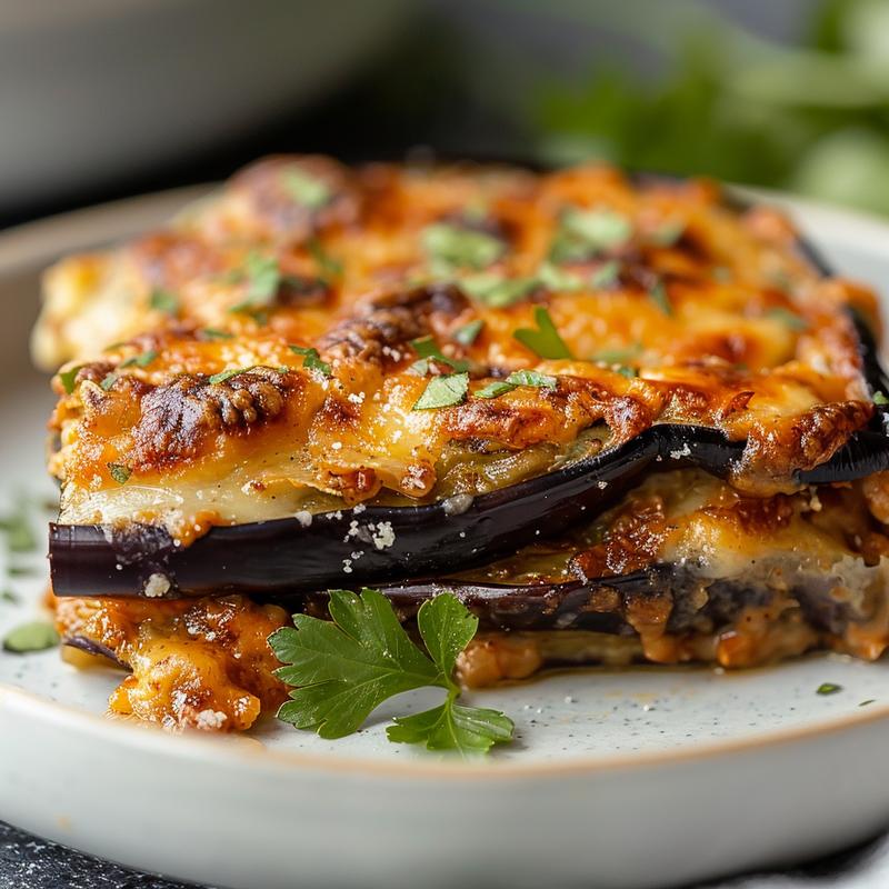 Close-up of a portion of eggplant casserole on a light grey plate.