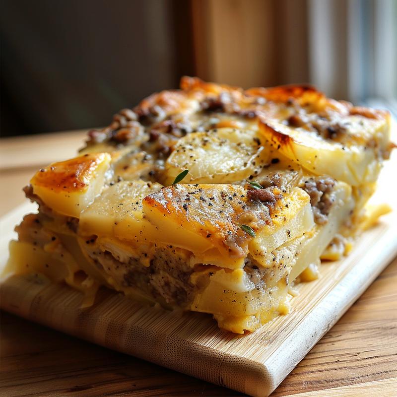 Close-up of a portion of eggplant casserole topped with Ritz crackers on a light wooden board.