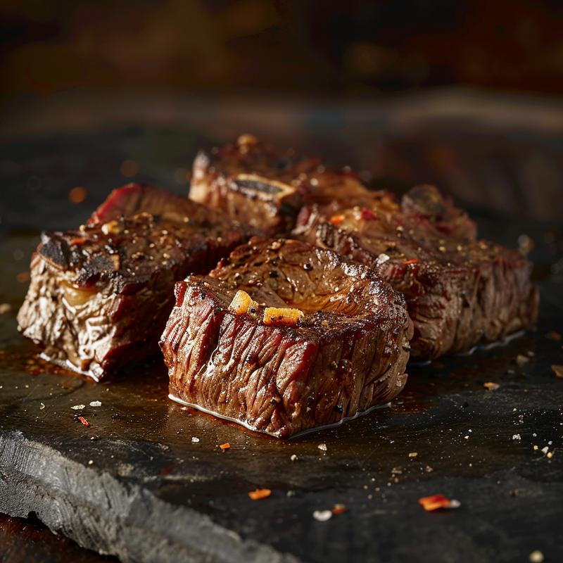 Close-up of a beautifully arranged plate featuring various keto beef dishes on a dark stone countertop.