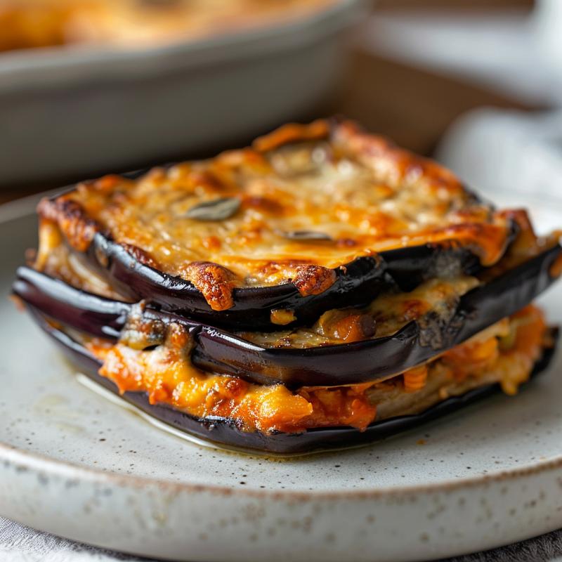 Close-up of a portion of eggplant casserole on a light grey plate, showcasing texture and color.