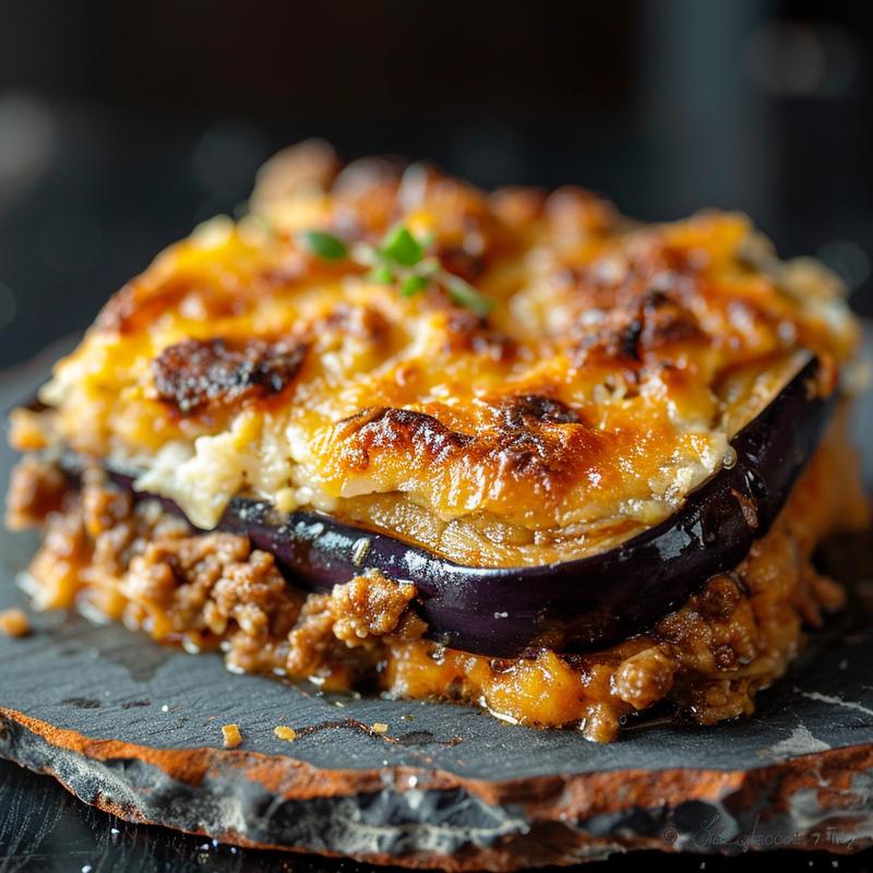 Close-up view of a keto eggplant and ground beef casserole served on a rustic slate plate, highlighting its rich texture.