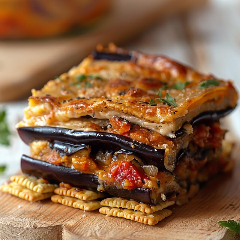 Close-up of a delicious spaghetti squash lasagna casserole on a wooden board.