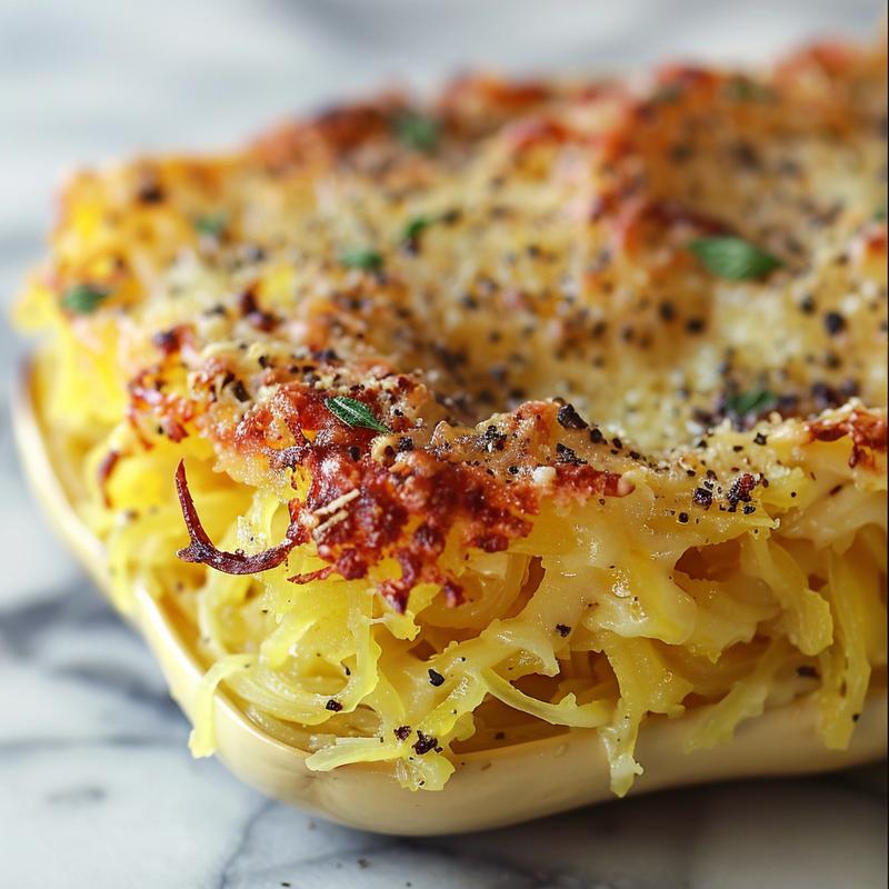 Close-up of a portion of baked spaghetti squash casserole on a marble surface.
