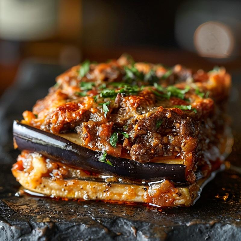 Close-up of a baked eggplant and beef casserole on a dark stone countertop.