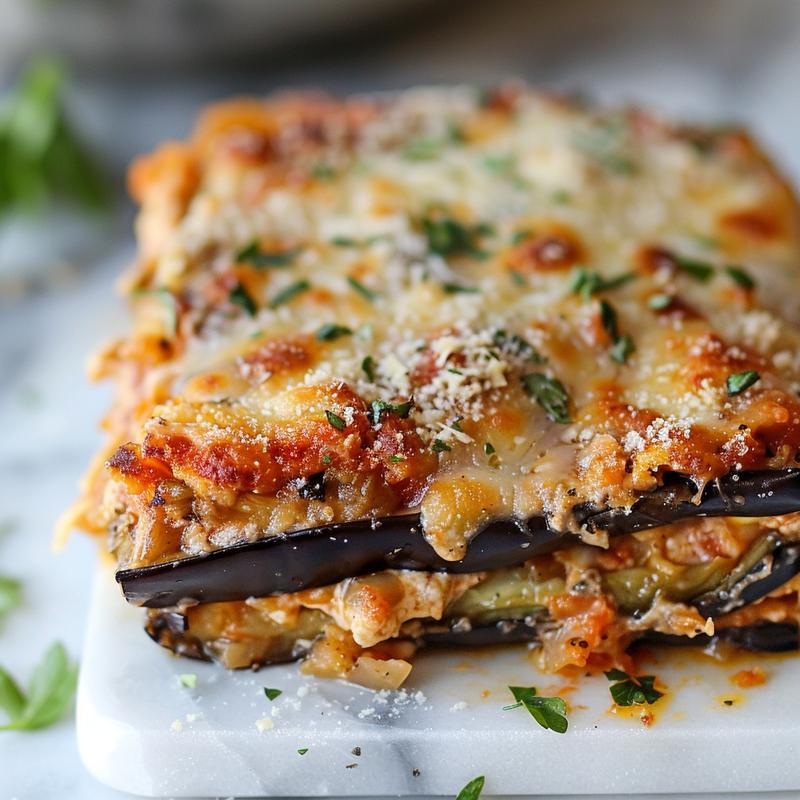 Close-up of a beautifully presented eggplant and shrimp casserole on a white marble surface.