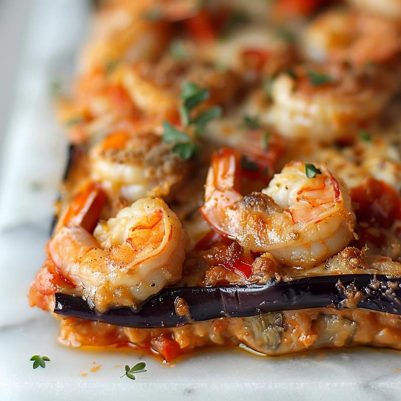 Close-up view of a slice of eggplant parmesan casserole on a marble surface.