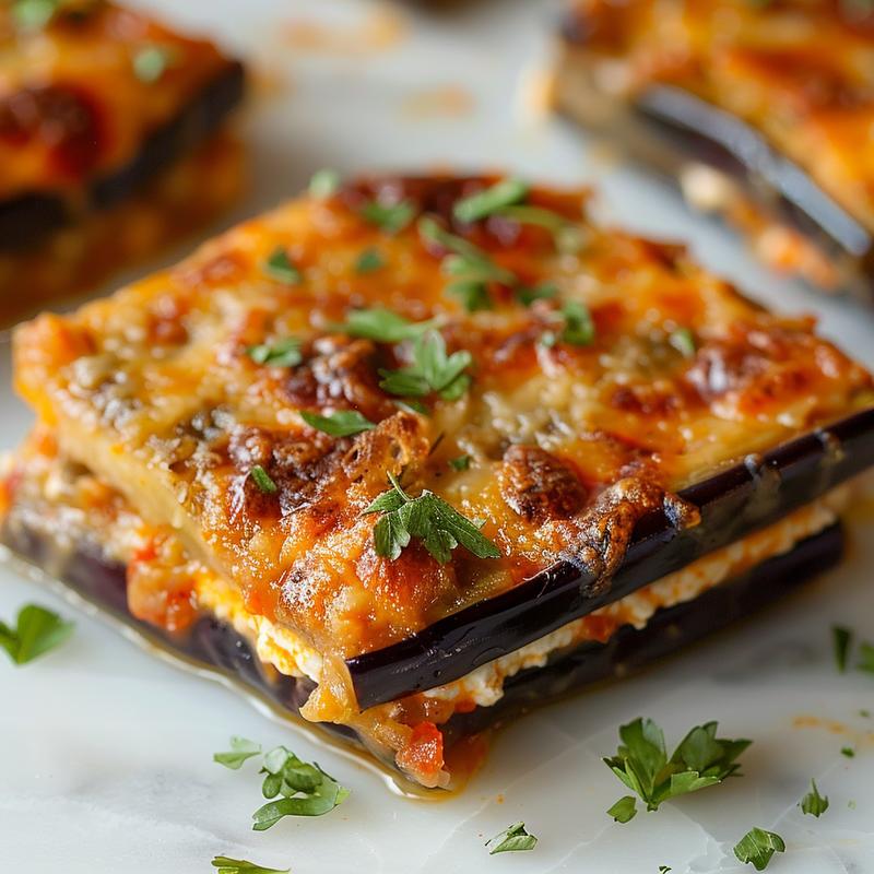 A close-up of a portion of ricotta eggplant casserole on a white marble surface, showcasing its creamy texture and golden top.