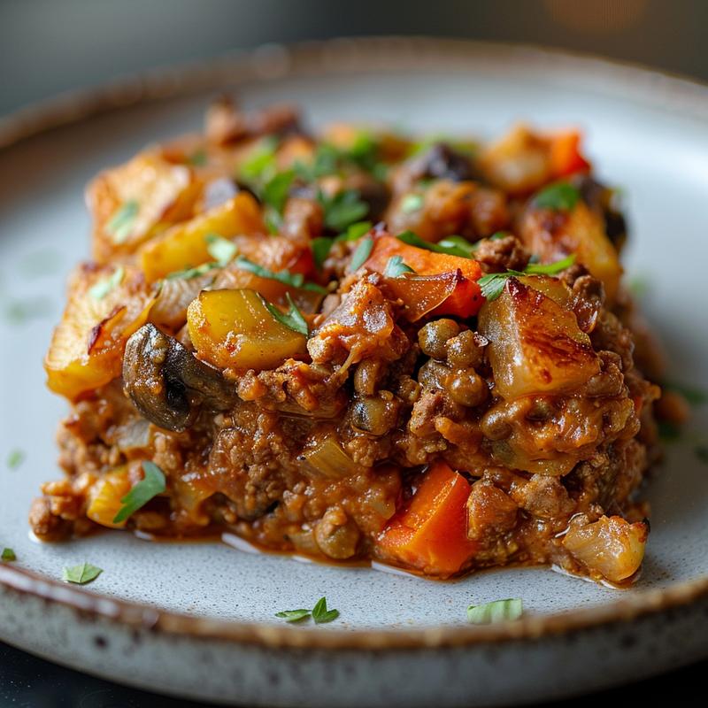 Close-up of a vibrant vegan and paleo casserole served on a light grey ceramic plate.