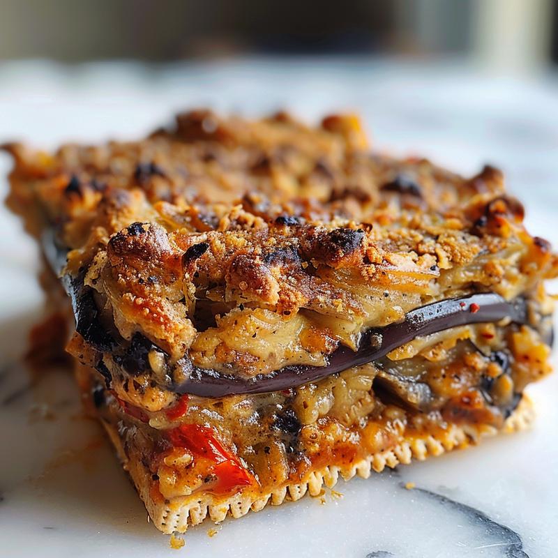 Close-up of a creamy eggplant casserole topped with crushed Ritz crackers on a white marble surface.