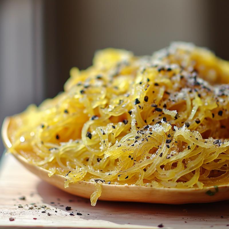A close-up view of a delicious serving of spaghetti squash pasta on a wooden board, highlighting its texture and colors.