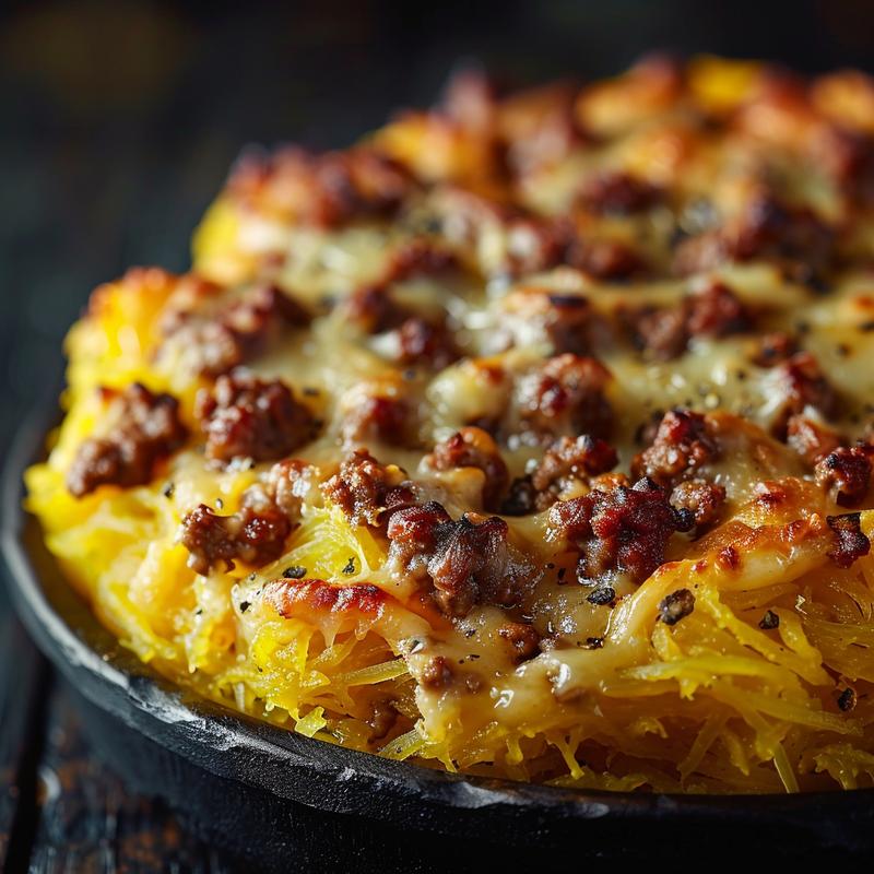 Close-up of a serving of spaghetti squash casserole topped with ground beef, showcasing rich textures and colors.