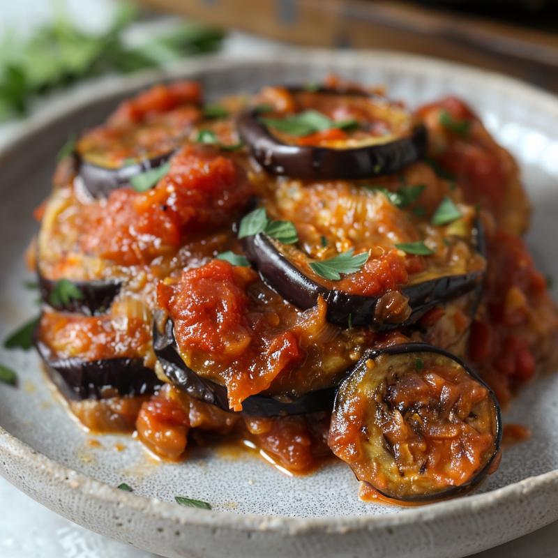 Close-up of a portion of eggplant casserole on a grey ceramic plate, showcasing its texture and layers.