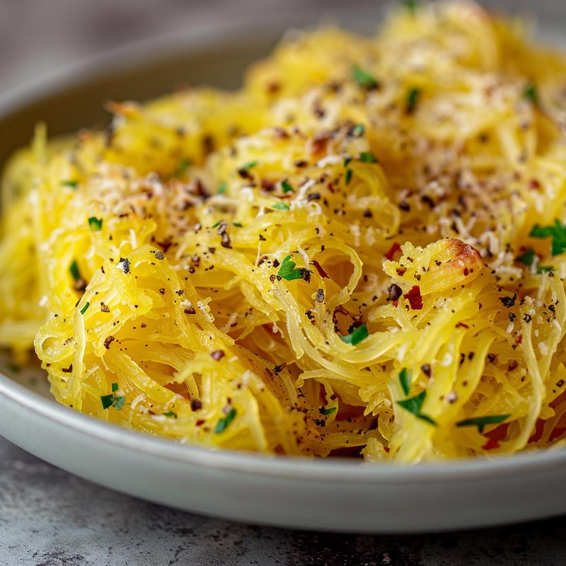 Close-up of baked spaghetti squash on a light grey plate with natural light highlighting its texture.