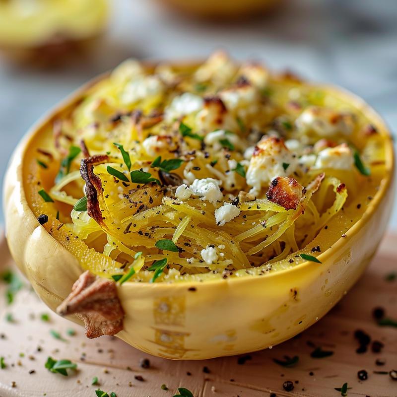 Close-up of a delicious baked feta spaghetti squash served on a wooden board.
