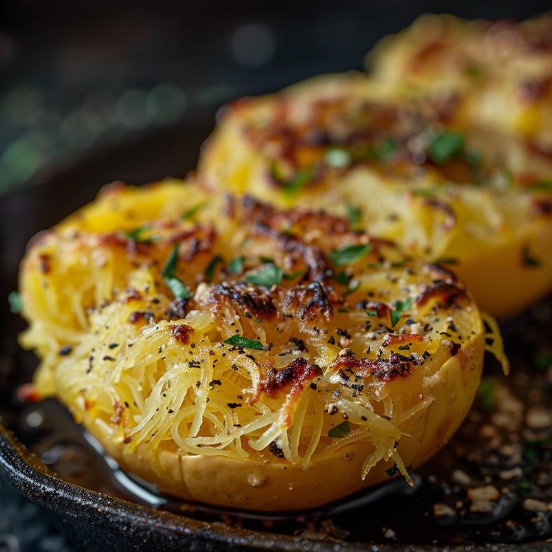 Close-up of roasted spaghetti squash served on a rustic cast iron surface.