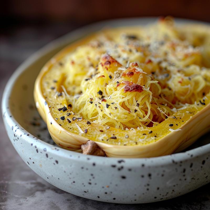Close-up of baked spaghetti squash in a light grey ceramic plate on a wooden surface.