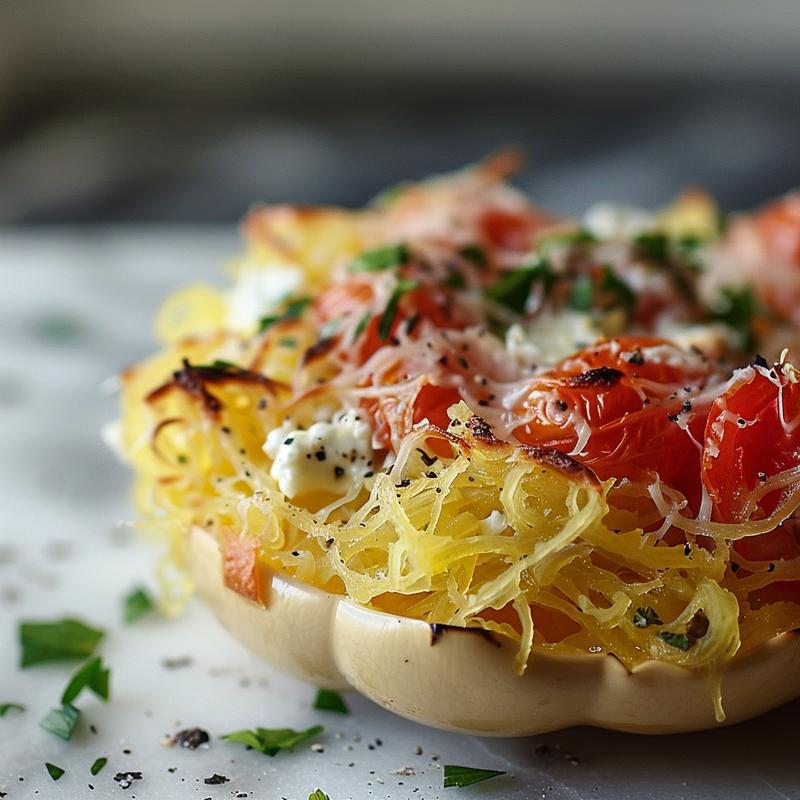 Close-up of baked feta and tomato spaghetti squash on a white marble surface, showcasing vibrant colors and textures.