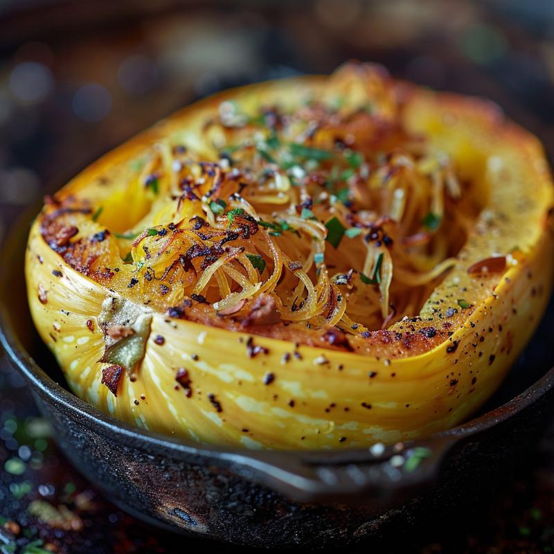 Close-up of a whole roast spaghetti squash on a cast iron surface, showcasing its golden-brown exterior.